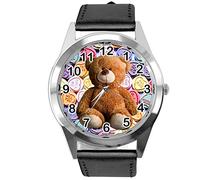 TAPORT® Black Leather Quartz Round Watch for Teddy Bear Fans e2