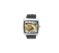 TAPORT Black Leather Quartz Square Watch for Fishing Fans E3