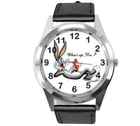 TAPORT Black Leather Round Quartz Watch for Bunny Fans