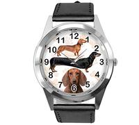TAPORT Black Leather Round Watch for Dachshund Fans