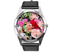 TAPORT Black Leather Round Watch for Flowers Fans e4
