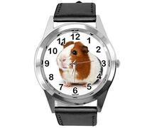TAPORT® Black Leather Round Watch for Guinea Pig Fans