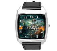 TAPORT Black Leather Square Watch for Ship Fans