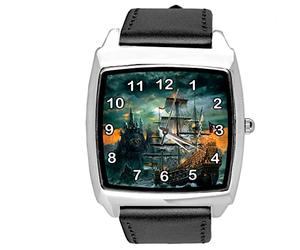 TAPORT Black Leather Square Watch for Ship Fans