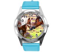 TAPORT Blue Leather Round Watch for Beautiful Horse Fans E2
