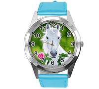 TAPORT® Blue Leather Round Watch for Beautiful Horse Fans E3