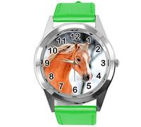 TAPORT® Green Leather Round Watch for Beautiful Horse Fans