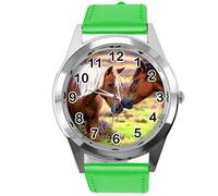 TAPORT Green Leather Round Watch for Beautiful Horse Fans E2