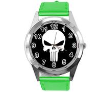 TAPORT Green Leather Round Watch for Fans of Skull