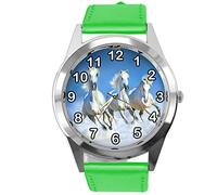 TAPORT Green Leather Round Watch for Horse Fans E4