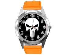 TAPORT Orange Leather Round Watch for Fans of Skull