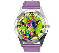 TAPORT® Purple Leather Quartz Round Watch for Giraffe Fans