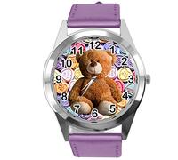 TAPORT® Purple Leather Quartz Round Watch for Teddy Bear Fans e2