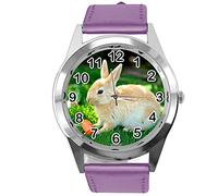 TAPORT Purple Leather Round Quartz Watch for Rabbits Fans e2