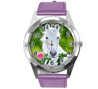 TAPORT Purple Leather Round Watch for Beautiful Horse Fans E3