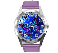 TAPORT® Purple Leather Round Watch for Butterfly Fans