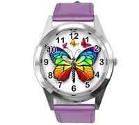 TAPORT® Purple Leather Round Watch for Butterfly Fans E2