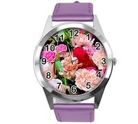 TAPORT Purple Leather Round Watch for Flowers Fans e4