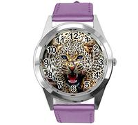 TAPORT® Purple Leather Round Watch for Leopard Fans