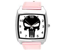 TAPORT Quartz Square Watch Pink Real Leather Band for Skulls Fans