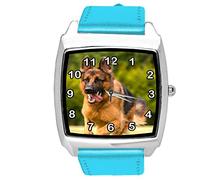 TAPORT® Quartz Watch Blue Leather Band Square with German Shepherd
