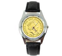 TAPORT® Queen Elizabeth Gold Coin Quartz Round Watch Black Real Leather Band