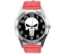 TAPORT Red Leather Round Watch for Fans of Skull