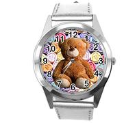 TAPORT® Silver Leather Quartz Round Watch for Teddy Bear Fans e2