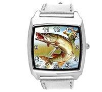 TAPORT® Silver Leather Quartz Square Watch for Fishing Fans E3
