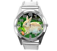 TAPORT Silver Leather Round Quartz Watch for Rabbits Fans e2