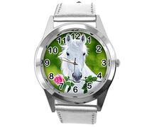 TAPORT Silver Leather Round Watch for Beautiful Horse Fans E3