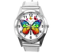 TAPORT® Silver Leather Round Watch for Butterfly Fans E2