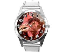 TAPORT Silver Leather Round Watch for Fans of Chicken