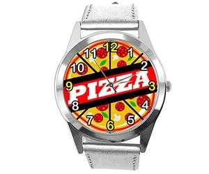 TAPORT Silver Leather Round Watch for Fans of Pizza