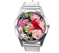 TAPORT Silver Leather Round Watch for Flowers Fans e4