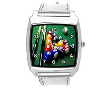 TAPORT Silver Leather Square Watch for Pool Game Fans