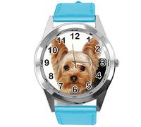 TAPORT® watch analogue Quartz with Real Leather Band BLUE ROUND for YORK TERRIER FANS