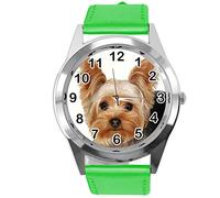 TAPORT® Watch Analogue Quartz with Real Leather Band Green Round for York Terrier Fans