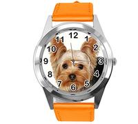 TAPORT® Watch Analogue Quartz with Real Leather Band Orange Round for York Terrier Fans