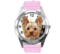 TAPORT® Watch Analogue Quartz with Real Leather Band Pink Round for York Terrier Fans