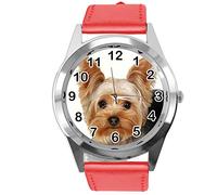 TAPORT® Watch Analogue Quartz with Real Leather Band RED Round for York Terrier Fans