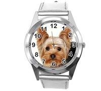 TAPORT® watch analogue Quartz with Real Leather Band Silver ROUND for YORK TERRIER FANS