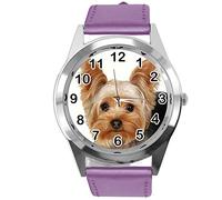 TAPORT® Watch Analogue Quartz with Real Leather Band Violet Round for York Terrier Fans