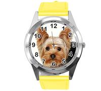 TAPORT® watch analogue Quartz with Real Leather Band YELLOW ROUND for YORK TERRIER FANS