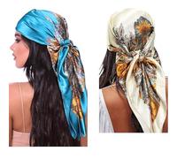 Tapp Collections 2-Pk 35” Silk Like Satin Large Square Head Neck Scarves Hair Sleeping Wraps for Women, Paisley 3 / Blue and Beige, 36 x 35 inches