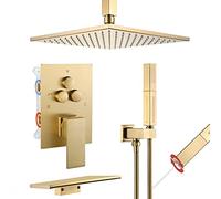 Taps Set Brass Ceiling Mounted Systems Tub Spout Push Button Diverter Fixtures with in Handheld, 10 inches Head Luxury Shower Set,Brushed Gold