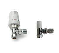 Taps2Traps - Thermostatic TRV Radiator Valve + Lockshield 1/2" x 15mm White Angled Alloy Steel