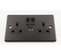 Taps2Traps Wk Matt Black Finished Double Wall Plug Socket 2 Gang Twin Switch + Twin Usb