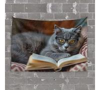 Tapsterys Wall A Cat Wearing Glasses is Reading A Book Tapestry Funny Decor for Bar Funny Home Decor(100X150CM)