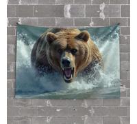 Tapsterys Wall A Fierce Brown Bear Charging Through Water with an Open Mouth Displaying Sharp Teeth Tapestry Dorm Room Tapestry Bar Decor for Home(75X100CM)